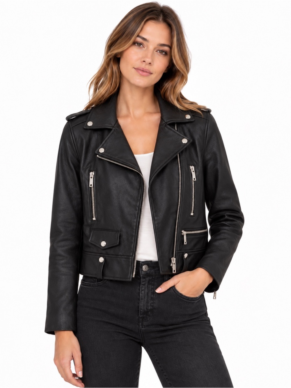 Michael Michael Kors Black Leather Cropped Moto Biker Jacket Size Small EUC!